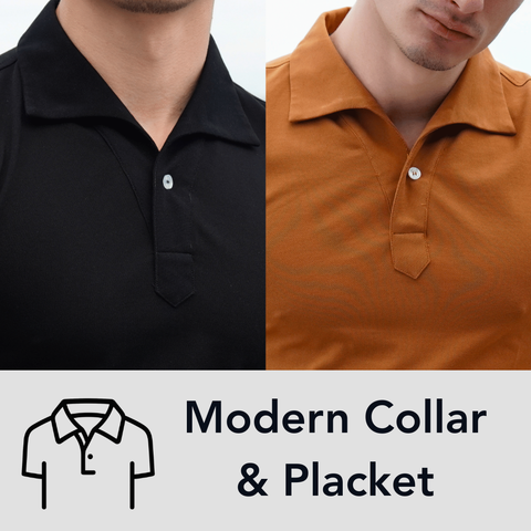 A clean silhouette with a sharp neckline. The open placket adds a subtle edge.