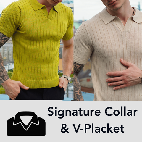 A wide collar paired with a sharp v-placket gives the polo a modern edge and a tailored finish.